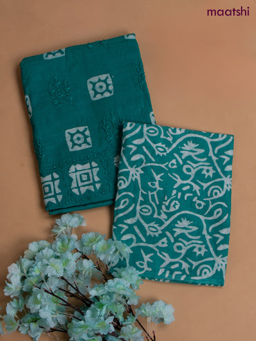 Cotton dress material teal green with allover buttas & french knot work and batik print bottom & chiffon dupatta