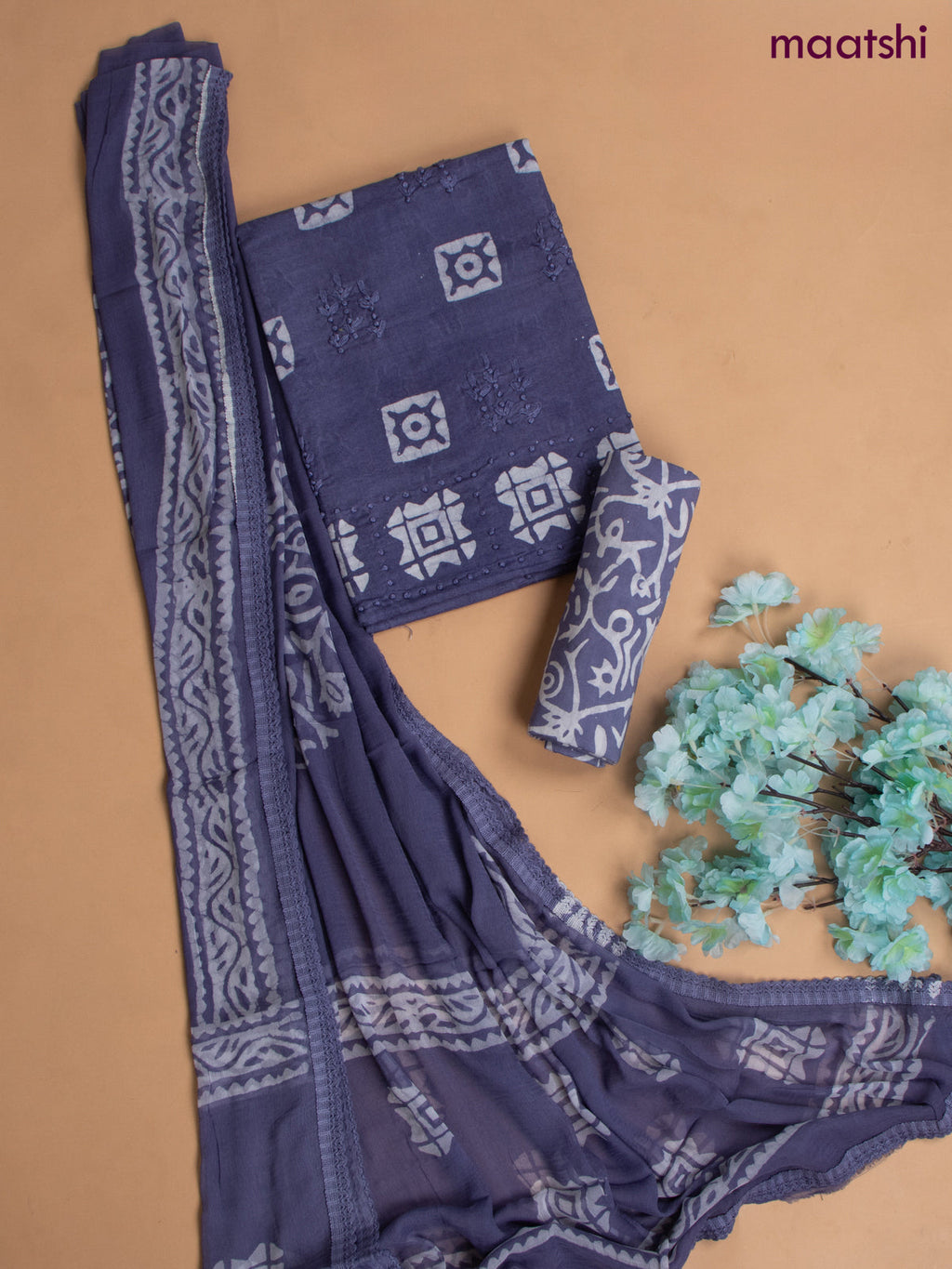 Cotton dress material blue with allover buttas & french knot work and batik print bottom & chiffon dupatta