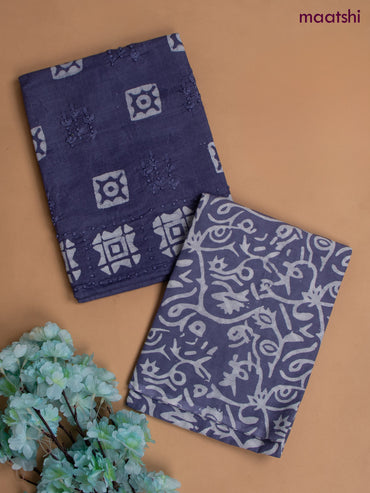Cotton dress material blue with allover buttas & french knot work and batik print bottom & chiffon dupatta