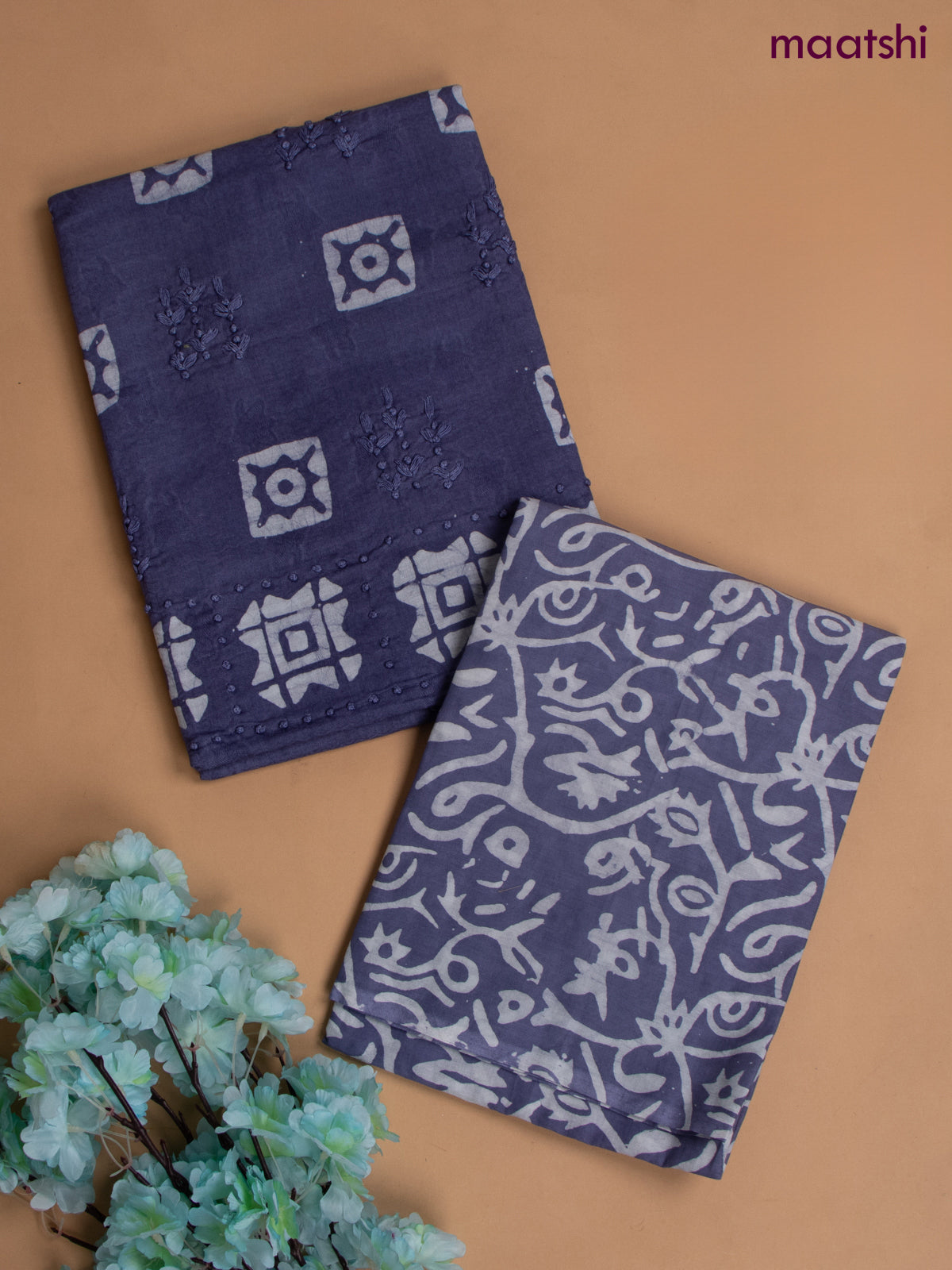 Cotton dress material blue with allover buttas & french knot work and batik print bottom & chiffon dupatta