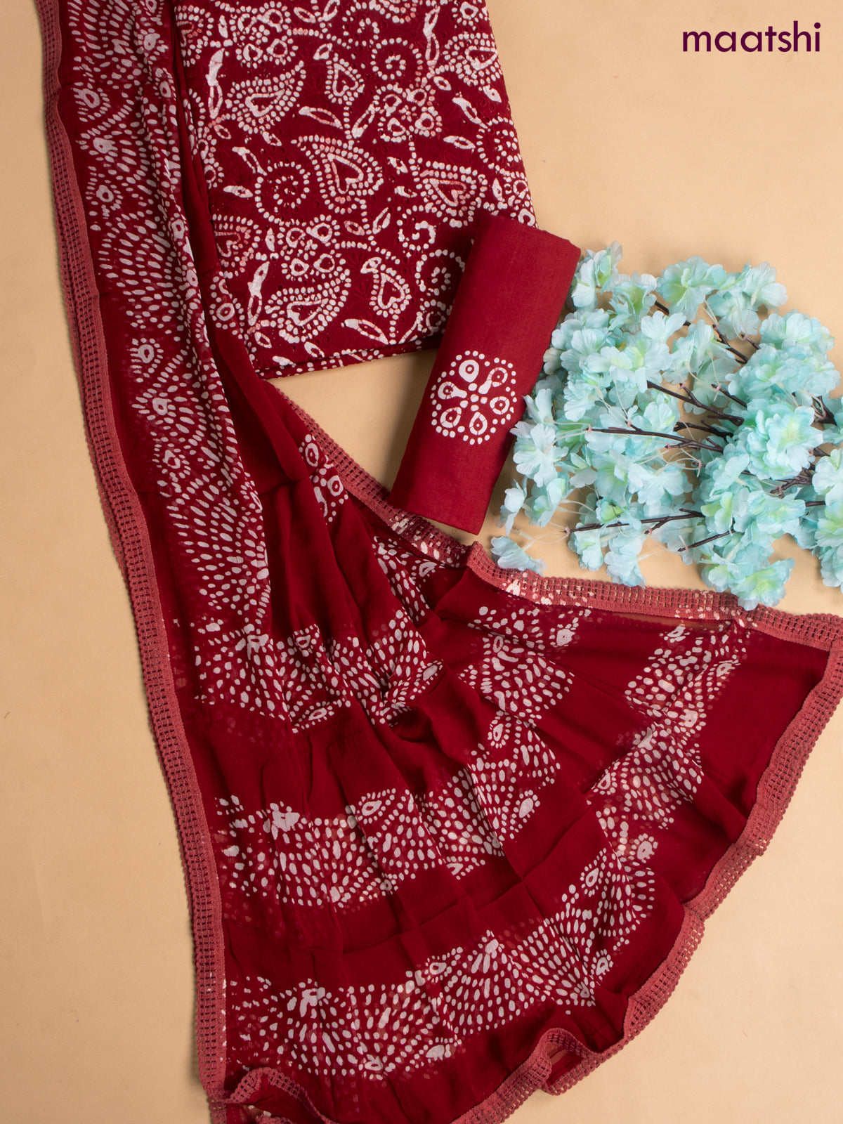 Cotton dress material red with allover hakoba work and bottom & chiffon dupatta
