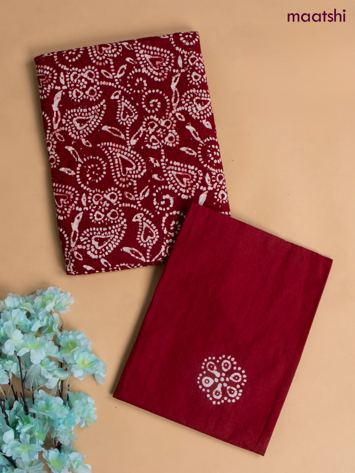 Cotton dress material red with allover hakoba work and bottom & chiffon dupatta