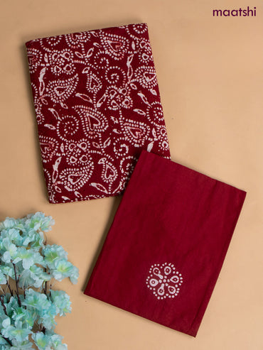 Cotton dress material red with allover hakoba work and bottom & chiffon dupatta