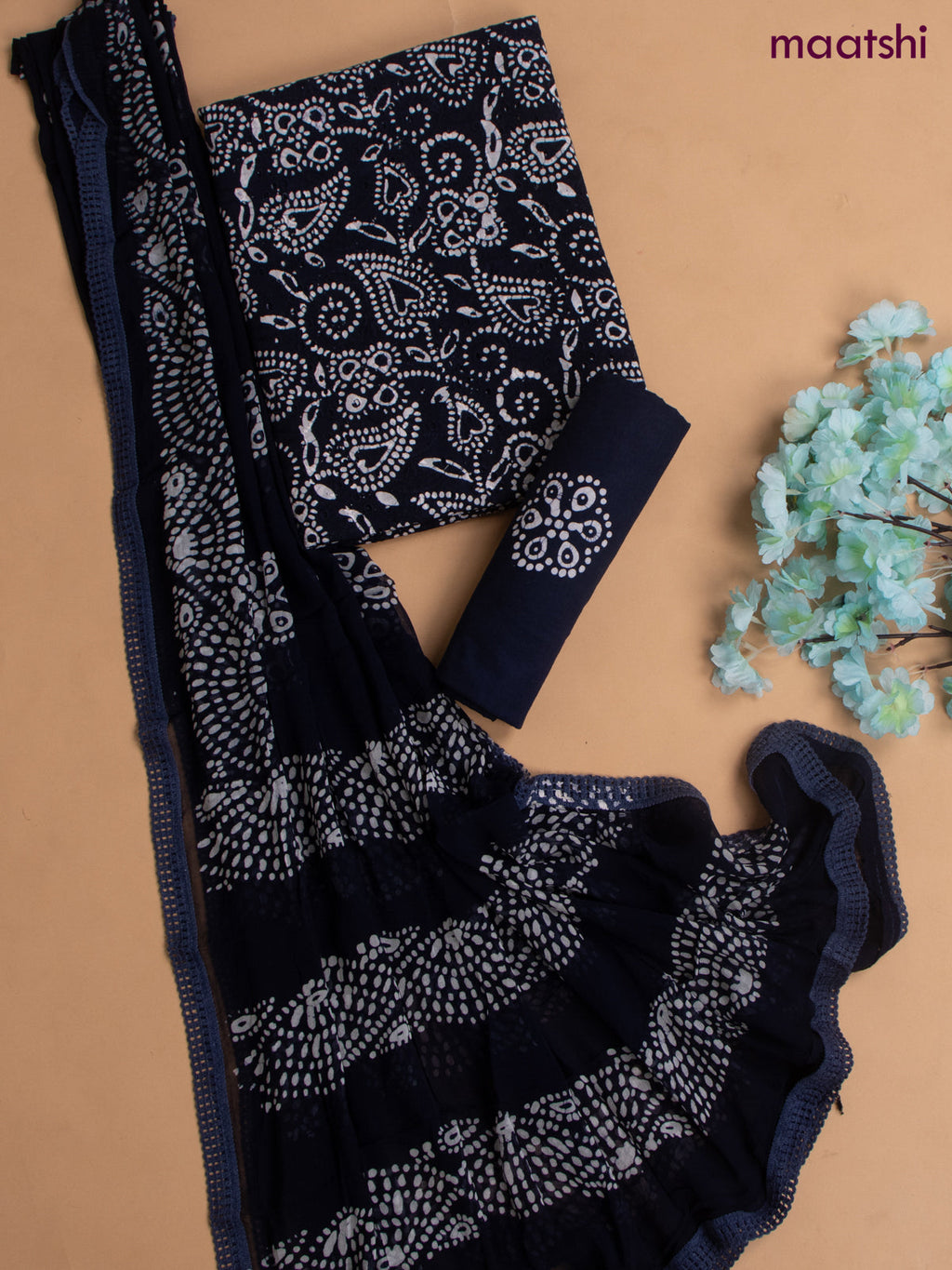 Cotton dress material blue with allover hakoba work and bottom & chiffon dupatta