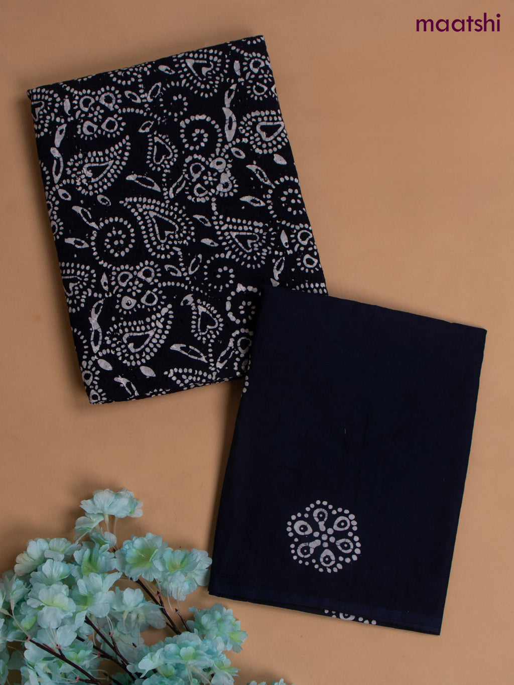 Cotton dress material blue with allover hakoba work and bottom & chiffon dupatta