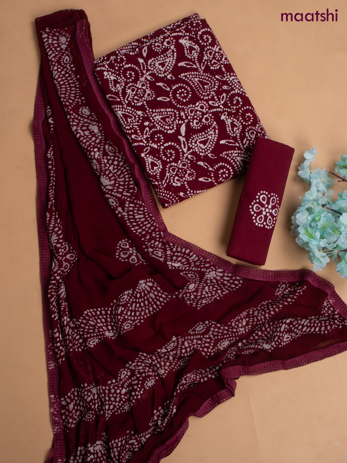 Cotton dress material wine with allover hakoba work and bottom & chiffon dupatta