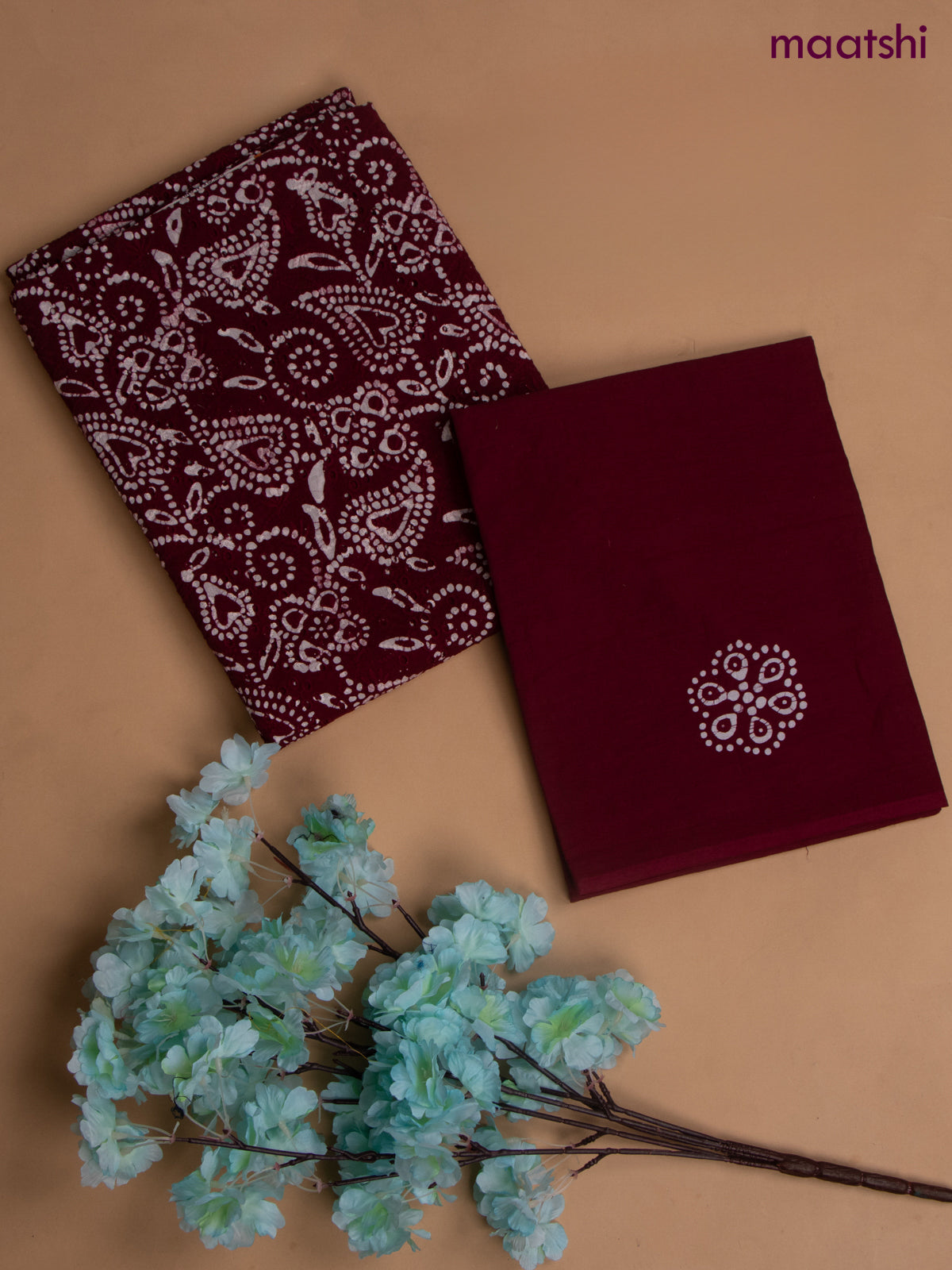 Cotton dress material wine with allover hakoba work and bottom & chiffon dupatta