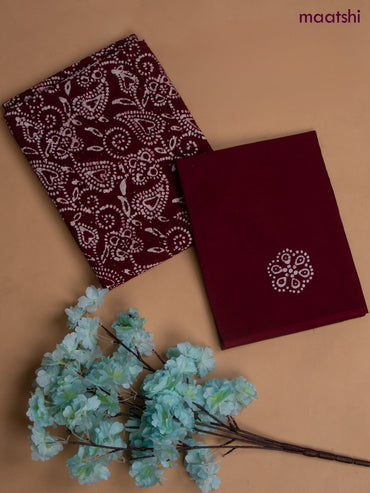 Cotton dress material wine with allover hakoba work and bottom & chiffon dupatta
