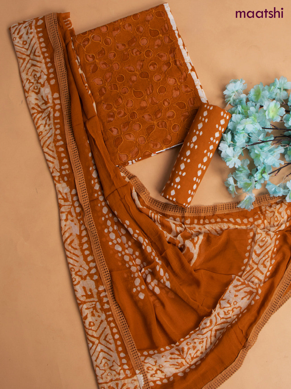 Cotton dress material green with allover hakoba work and bottom & chiffon dupatta