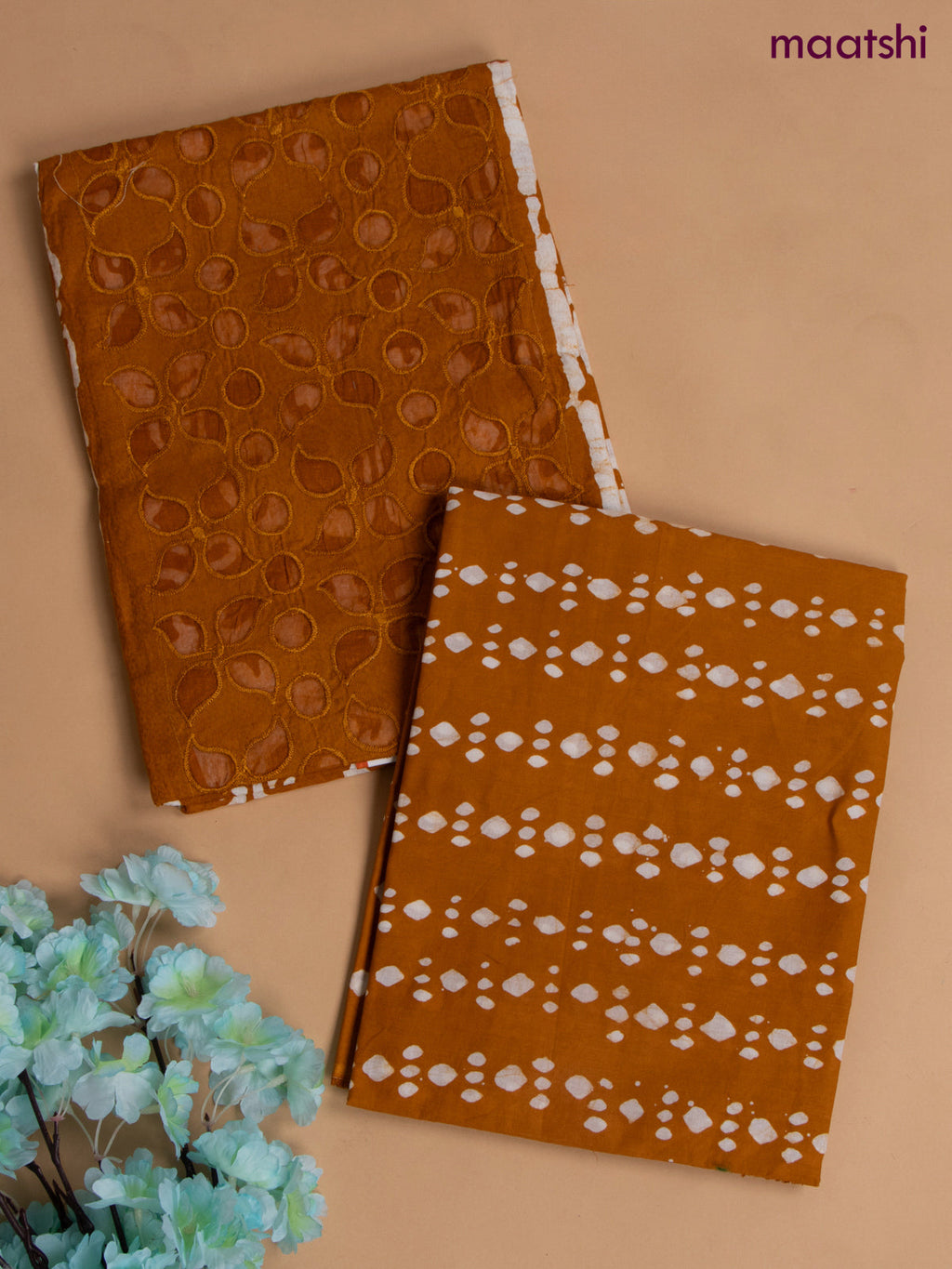 Cotton dress material green with allover hakoba work and bottom & chiffon dupatta