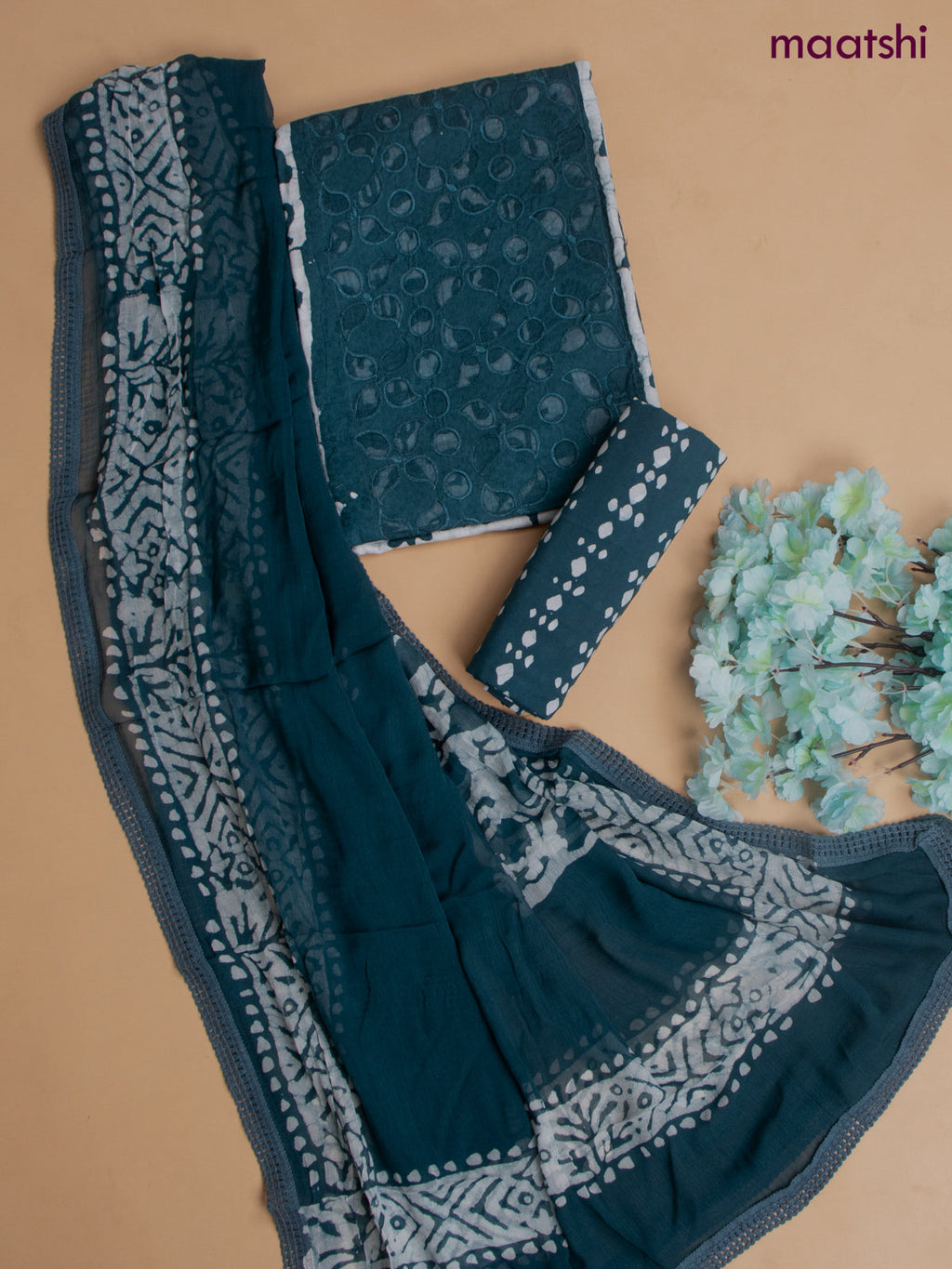 Cotton dress material peacock blue with allover hakoba work and bottom & chiffon dupatta