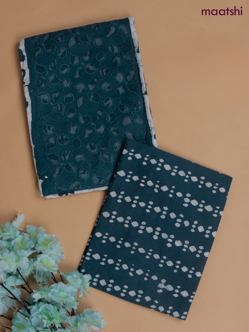 Cotton dress material peacock blue with allover hakoba work and bottom & chiffon dupatta