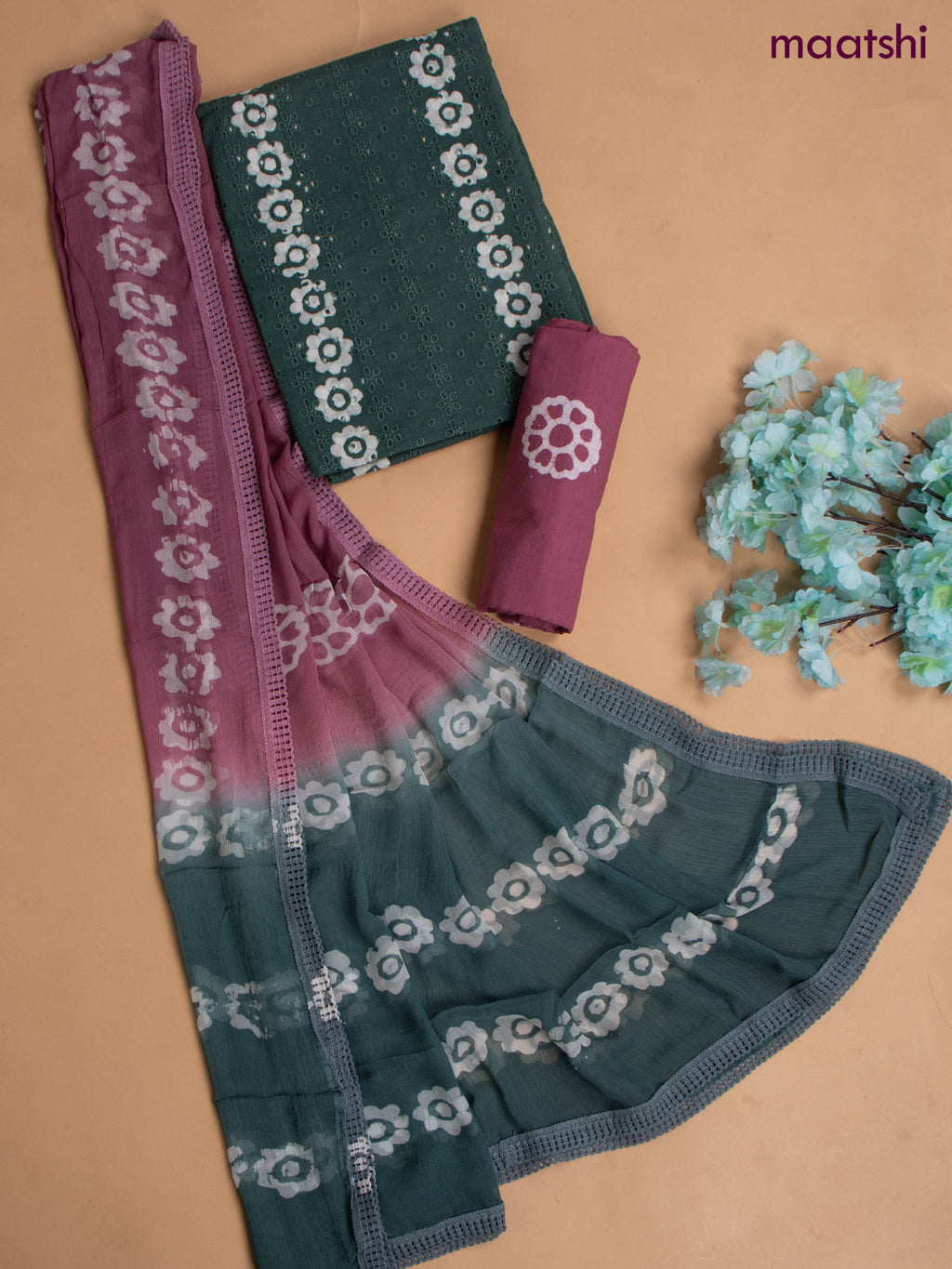 Cotton dress material peacock green with allover hakoba work and bottom & chiffon dupatta