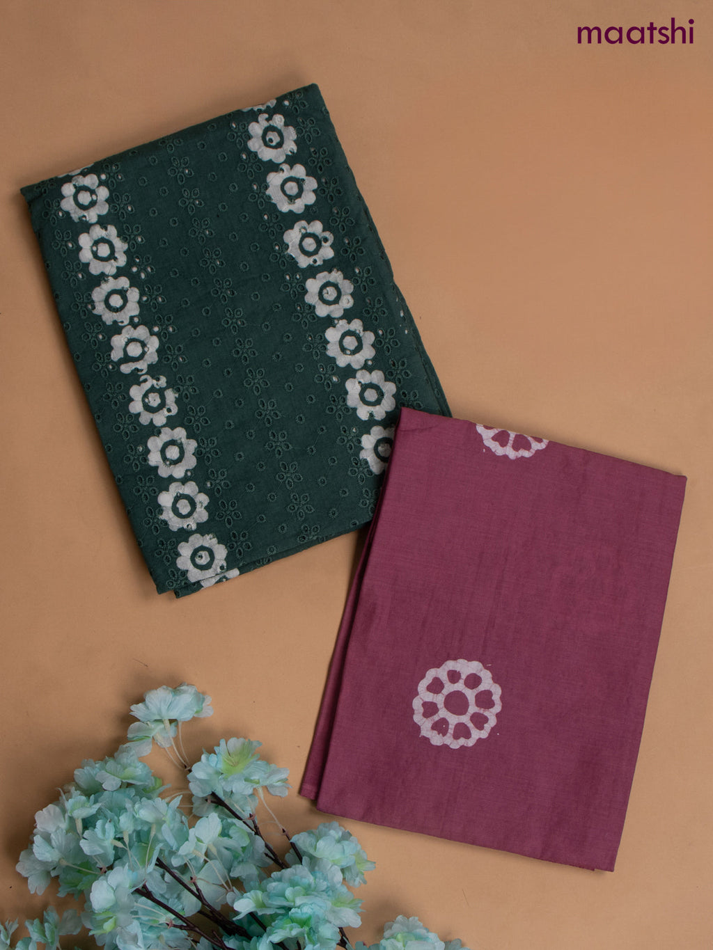 Cotton dress material peacock green with allover hakoba work and bottom & chiffon dupatta