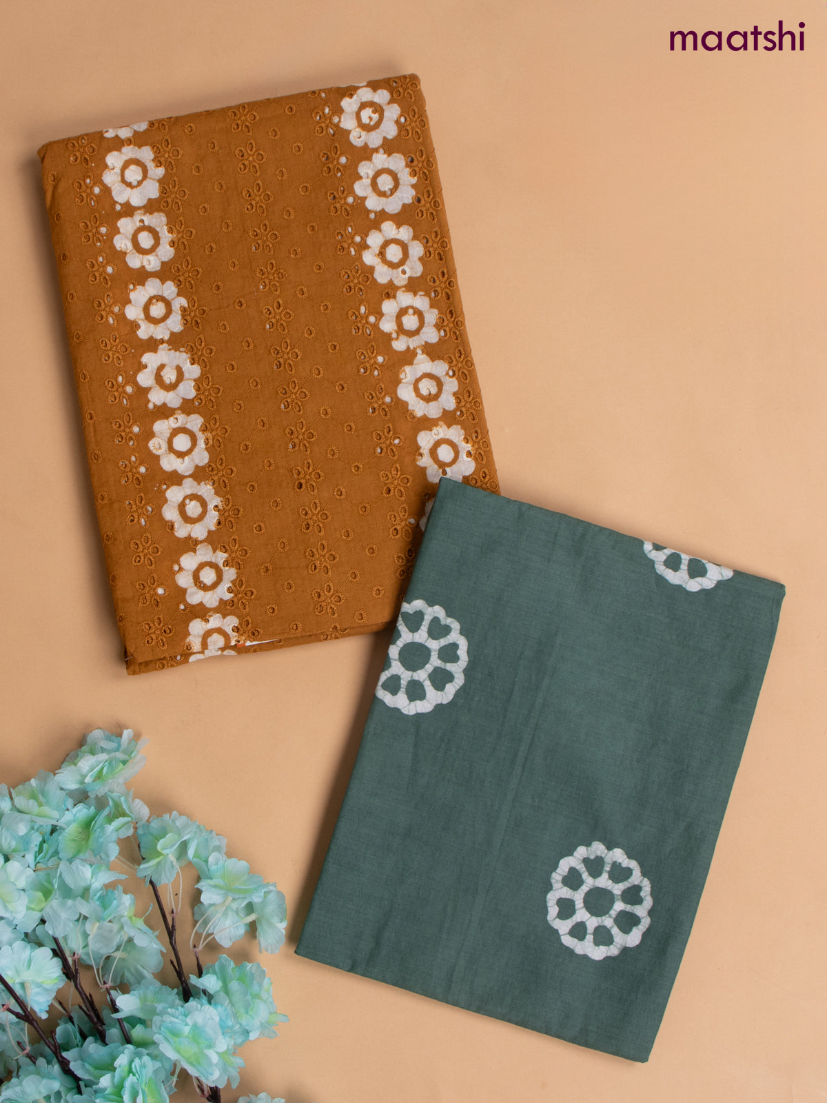 Cotton dress material mustard with allover hakoba work and bottom & chiffon dupatta