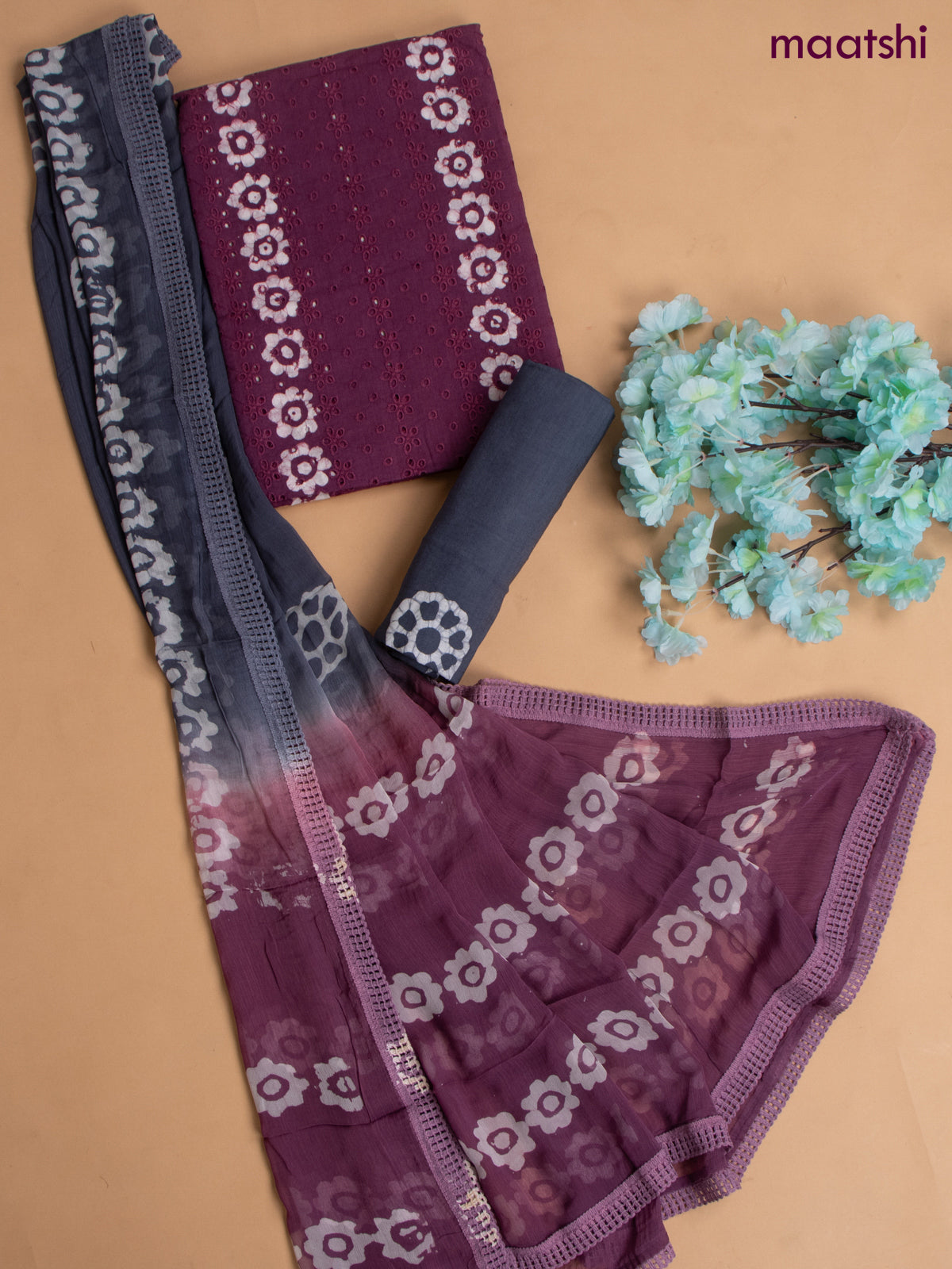 Cotton dress material magenta with allover hakoba work and bottom & chiffon dupatta