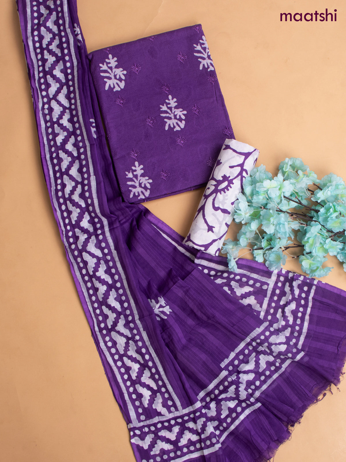 Cotton dress material violet with allover buttas & embroidery work and batik print bottom & kotta dupatta