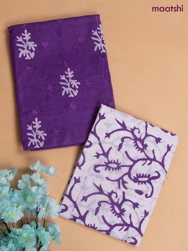 Cotton dress material violet with allover buttas & embroidery work and batik print bottom & kotta dupatta