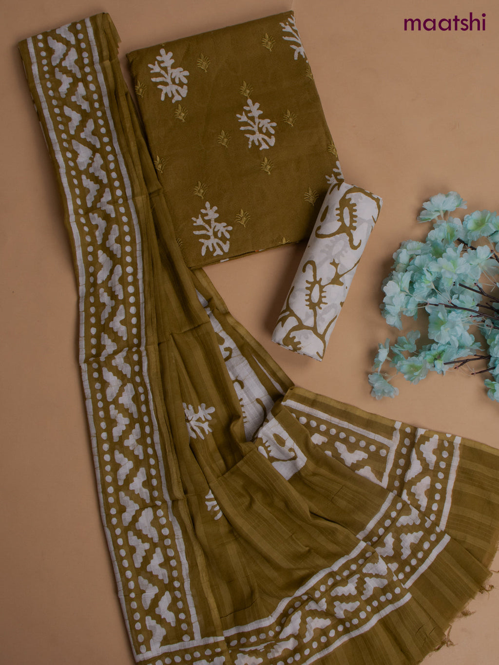 Cotton dress material mehandi green with allover buttas & embroidery work and batik print bottom & kotta dupatta