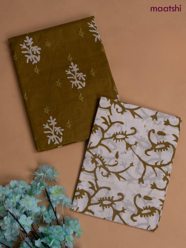 Cotton dress material mehandi green with allover buttas & embroidery work and batik print bottom & kotta dupatta