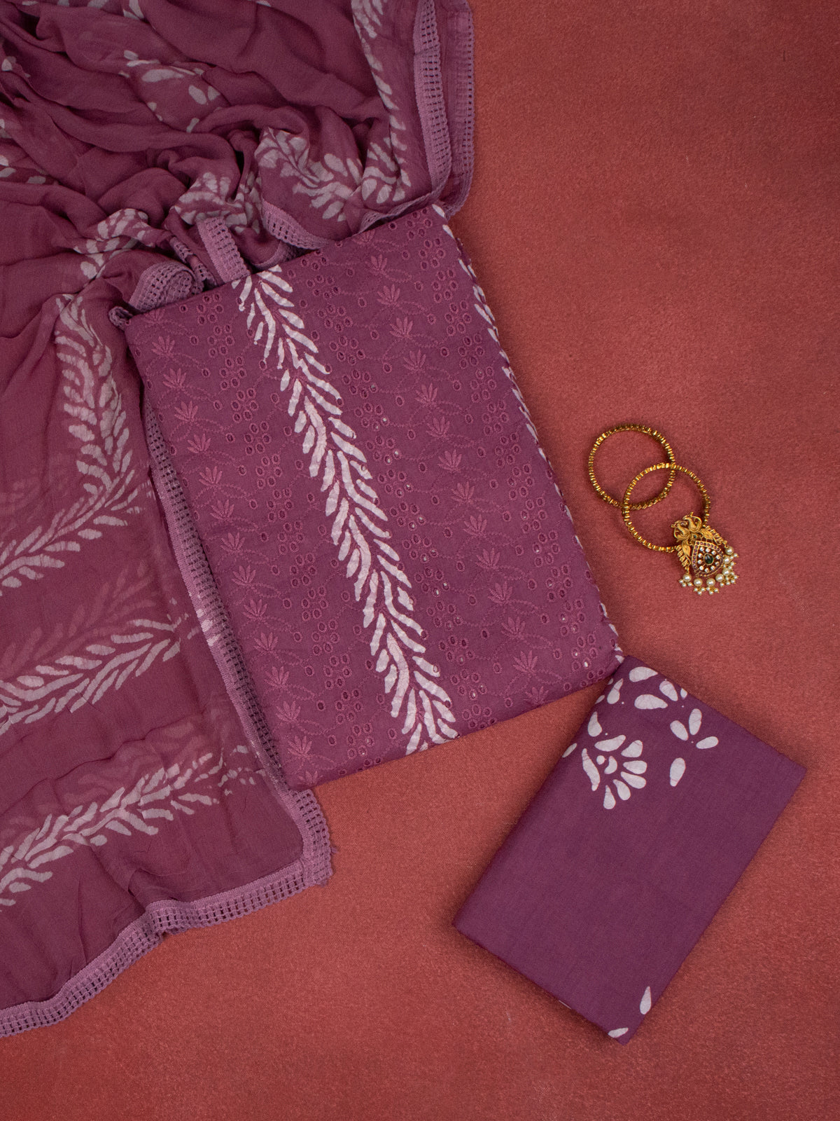 Cotton dress material magenta with allover hakoba work and bottom & chiffon dupatta