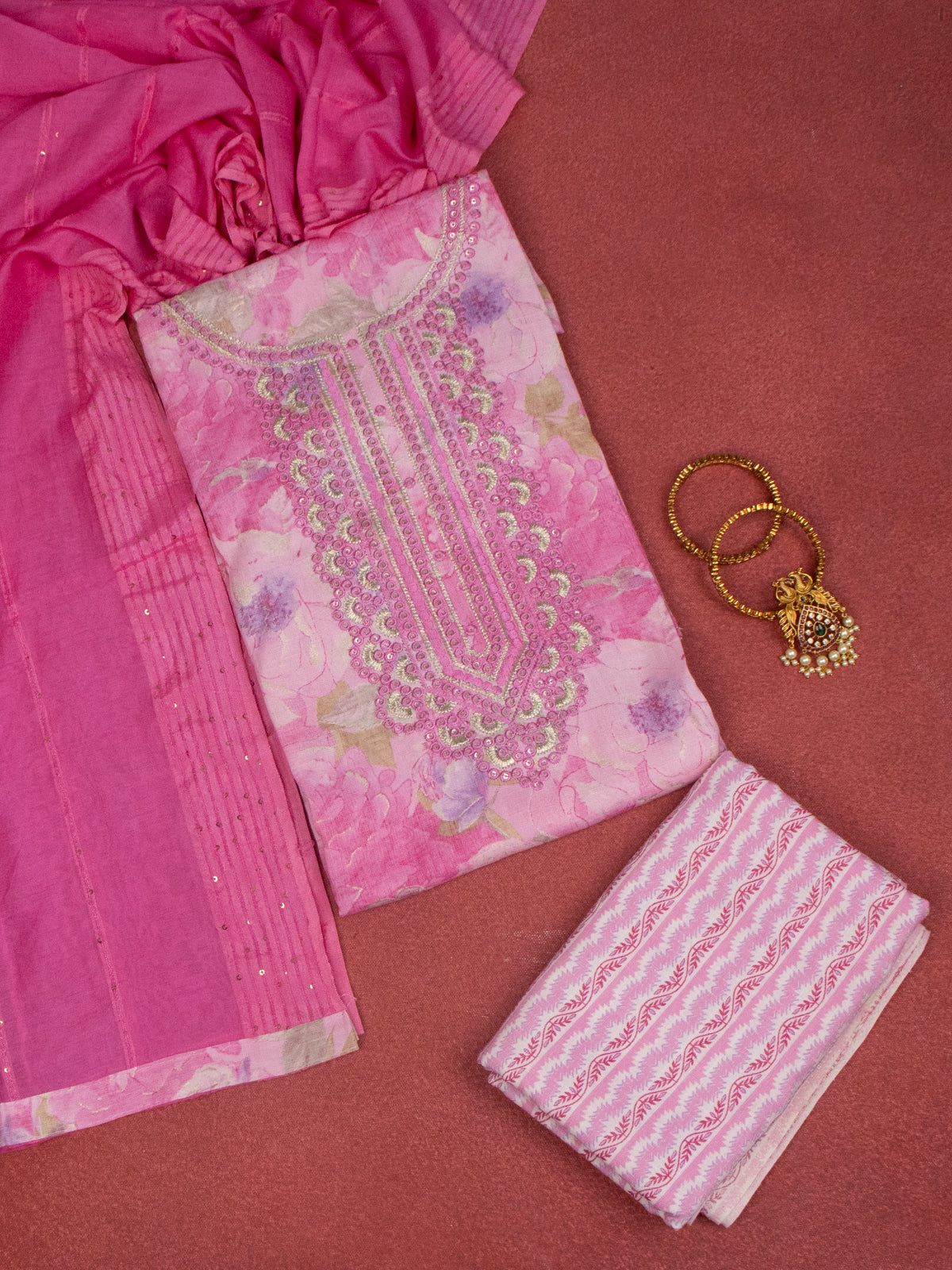 Cotton dress material baby pink with allover prints & embroidery sequin work neck pattern and bottom & dupatta