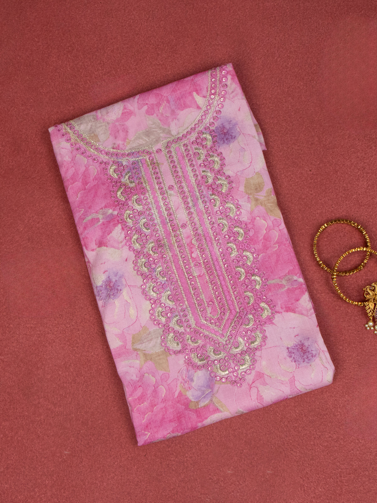 Cotton dress material baby pink with allover prints & embroidery sequin work neck pattern and bottom & dupatta