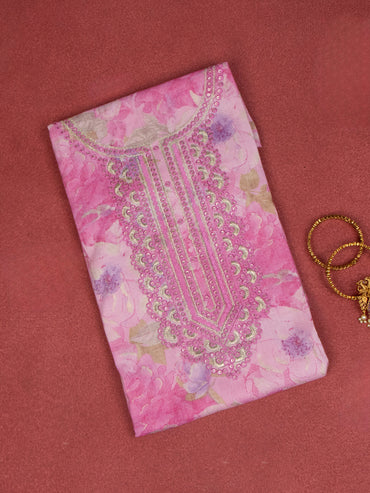 Cotton dress material baby pink with allover prints & embroidery sequin work neck pattern and bottom & dupatta