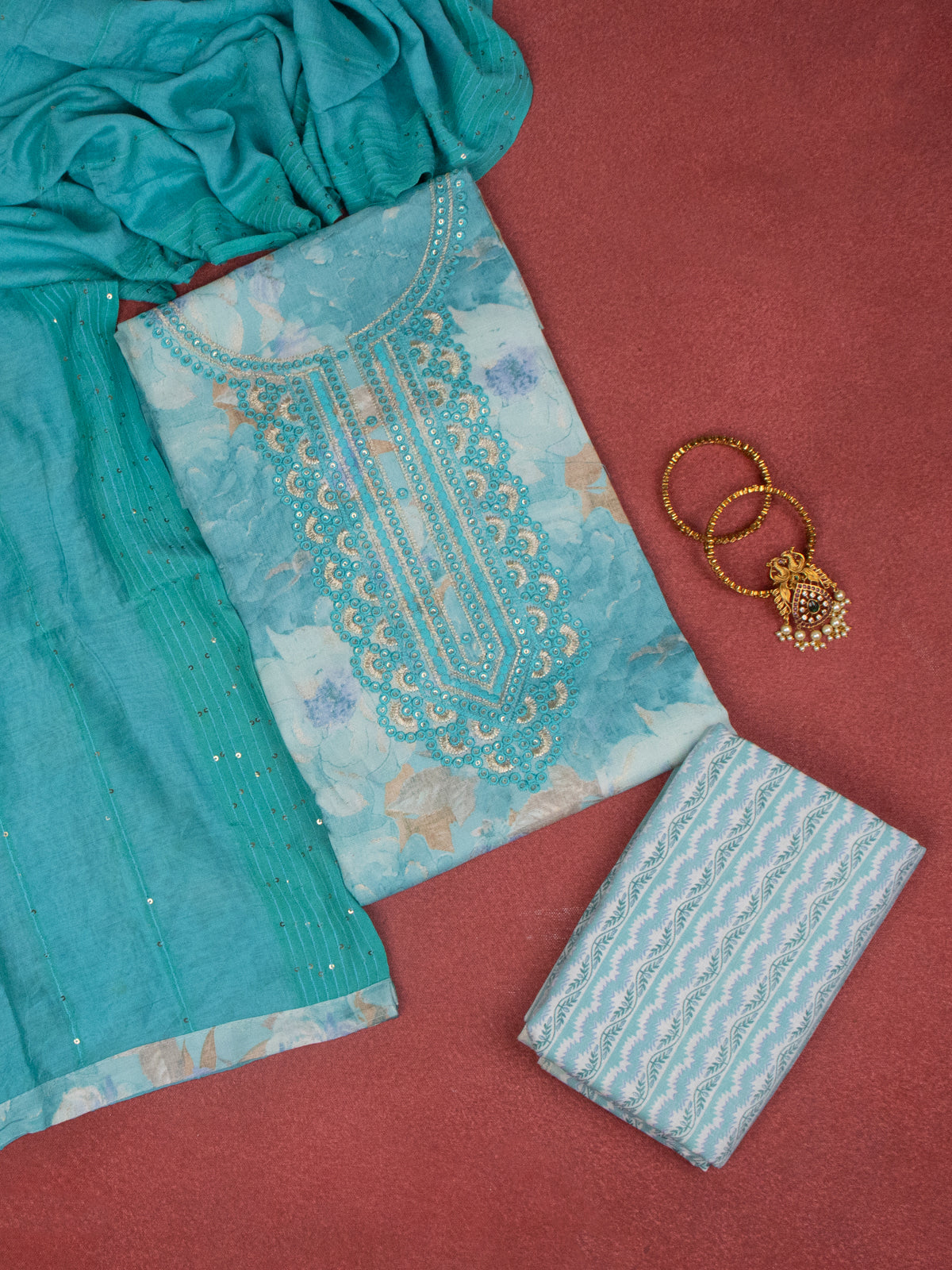 Cotton dress material blue with allover prints & embroidery sequin work neck pattern and bottom & dupatta