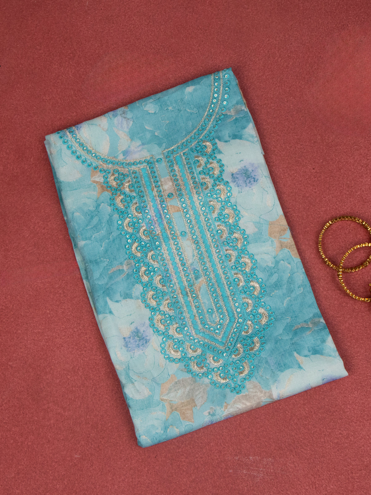 Cotton dress material blue with allover prints & embroidery sequin work neck pattern and bottom & dupatta