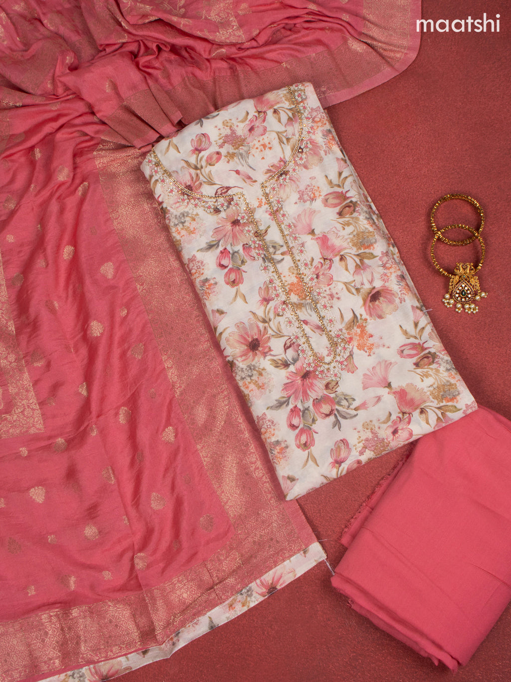 Rayon dress material pink and off white with allover floral print & beaded work neck pattern and bottom & banarasi dupatta