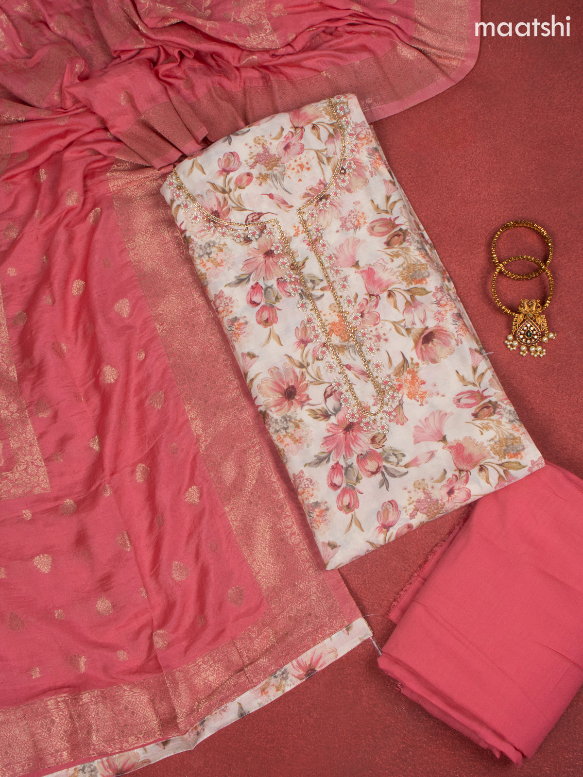 Rayon dress material pink and off white with allover floral print & beaded work neck pattern and bottom & banarasi dupatta