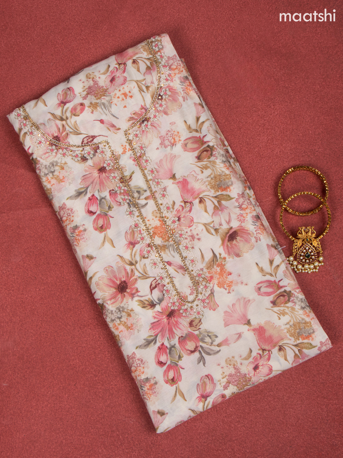 Rayon dress material pink and off white with allover floral print & beaded work neck pattern and bottom & banarasi dupatta