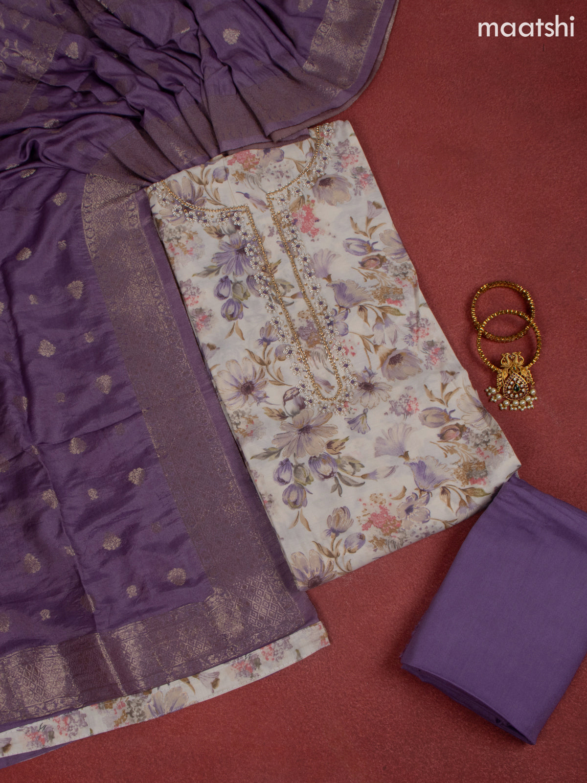 Rayon dress material lavender and off white with allover floral print & beaded work neck pattern and bottom & banarasi dupatta