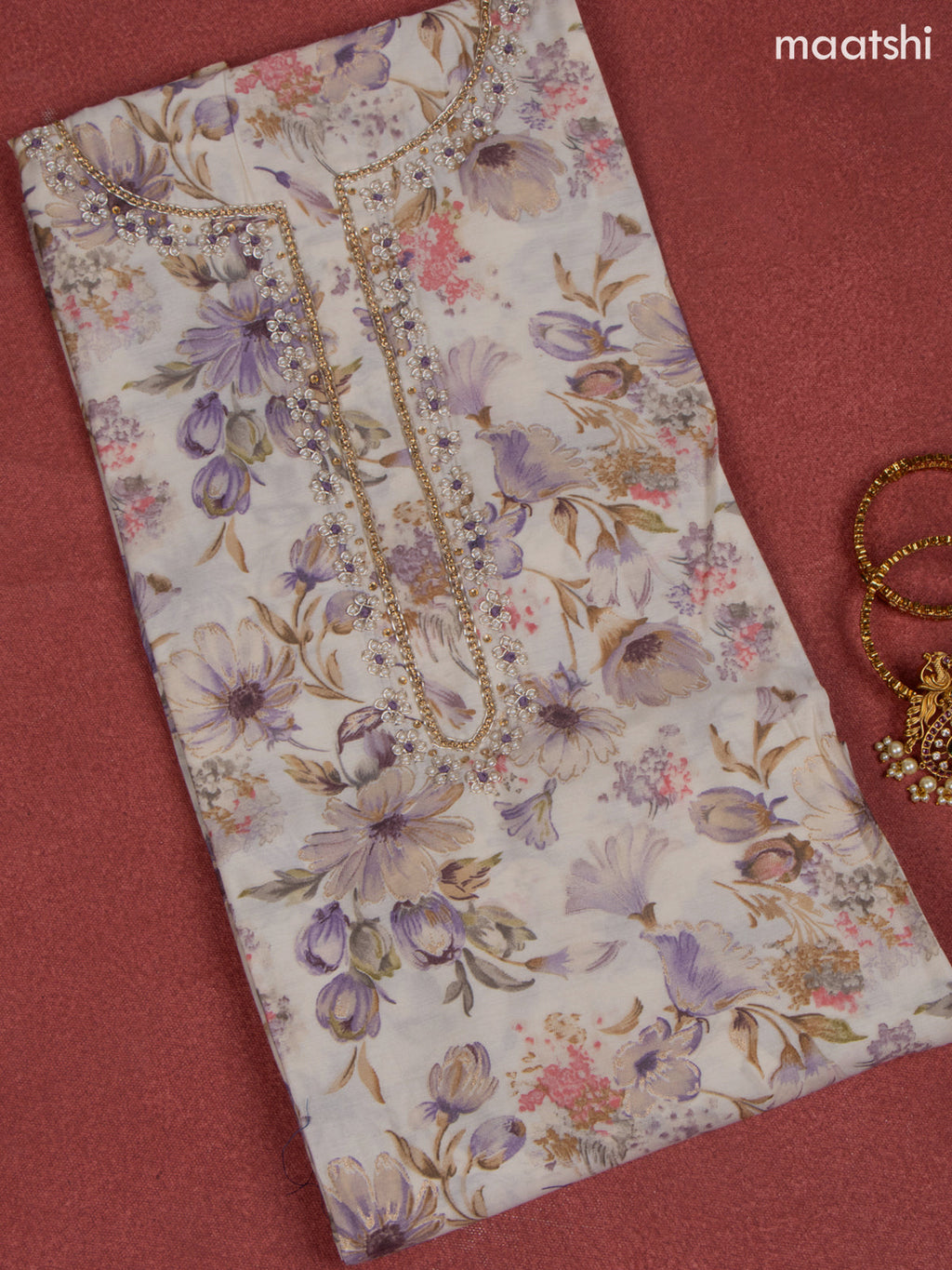 Rayon dress material lavender and off white with allover floral print & beaded work neck pattern and bottom & banarasi dupatta