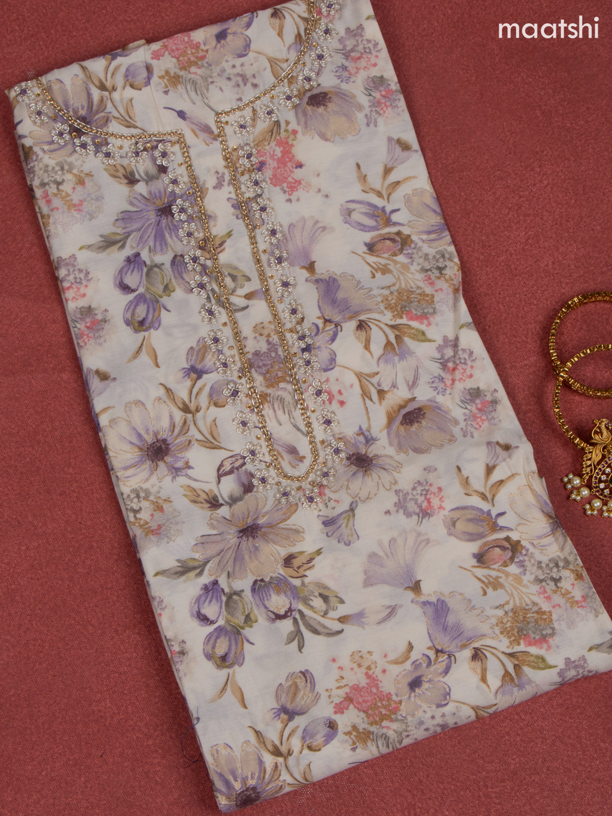 Rayon dress material lavender and off white with allover floral print & beaded work neck pattern and bottom & banarasi dupatta