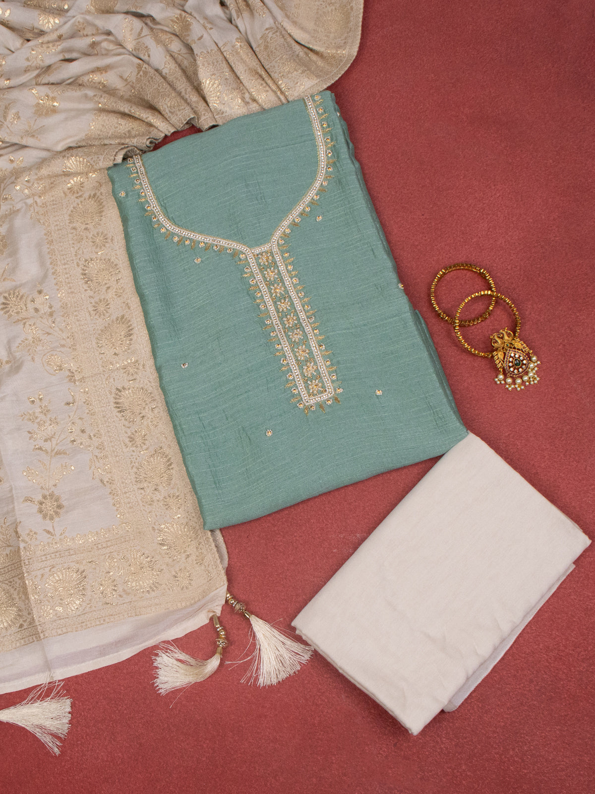 Raw Silk dress material pastel green with zardosi beaded work neck pattern and bottom & banarasi dupatta