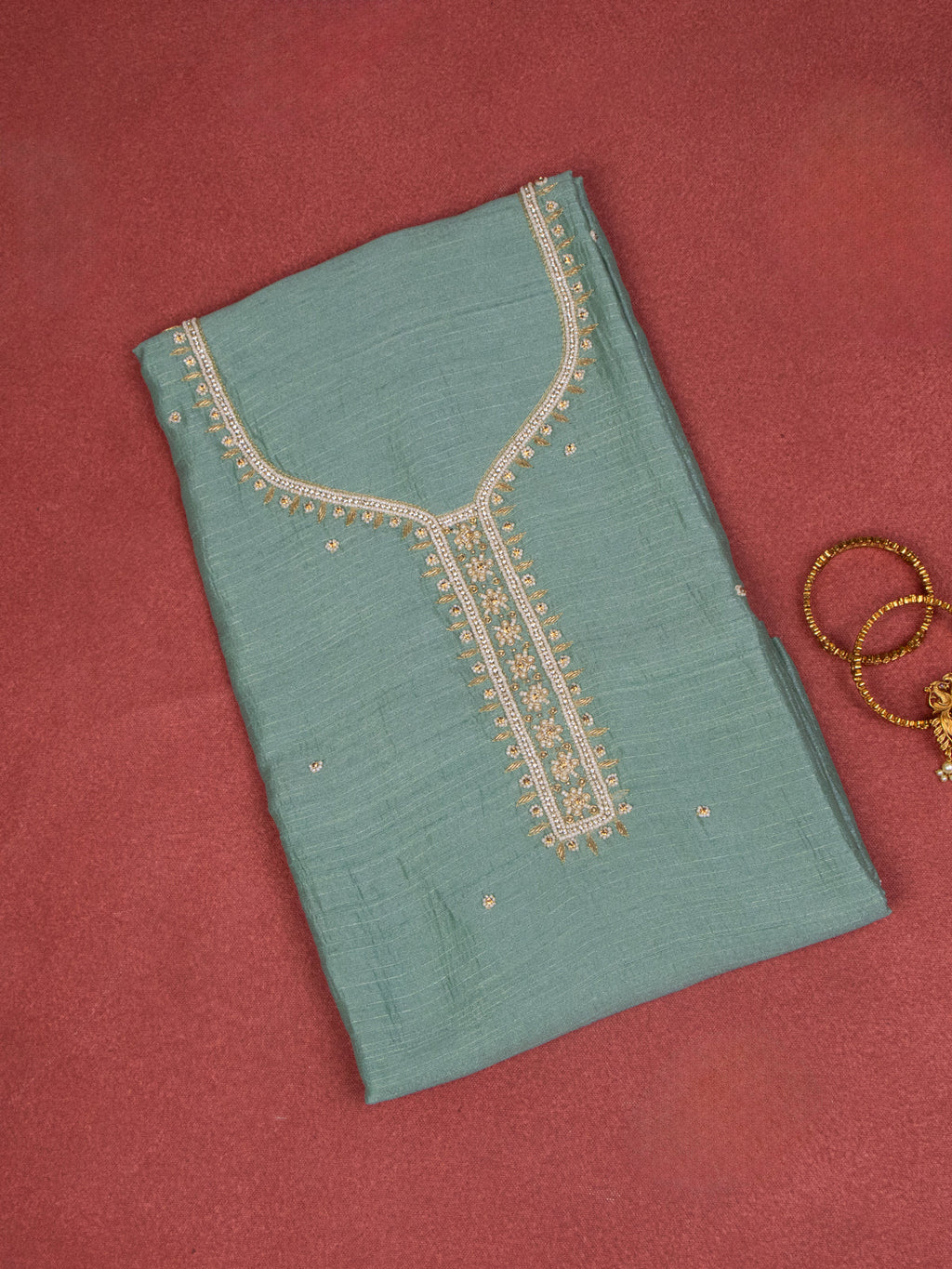 Raw Silk dress material pastel green with zardosi beaded work neck pattern and bottom & banarasi dupatta