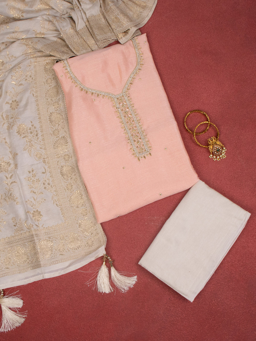 Raw Silk dress material peach with zardosi beaded work neck pattern and bottom & banarasi dupatta
