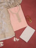 Raw Silk dress material peach with zardosi beaded work neck pattern and bottom & banarasi dupatta