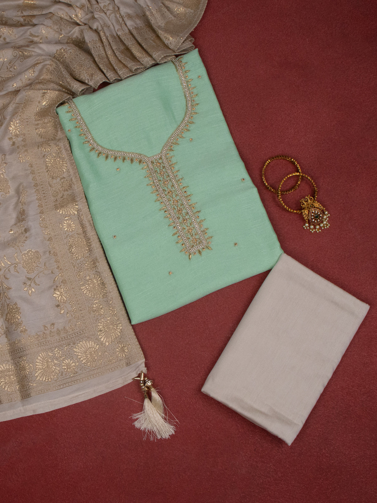 Raw Silk dress material teal shade with zardosi beaded work neck pattern and bottom & banarasi dupatta
