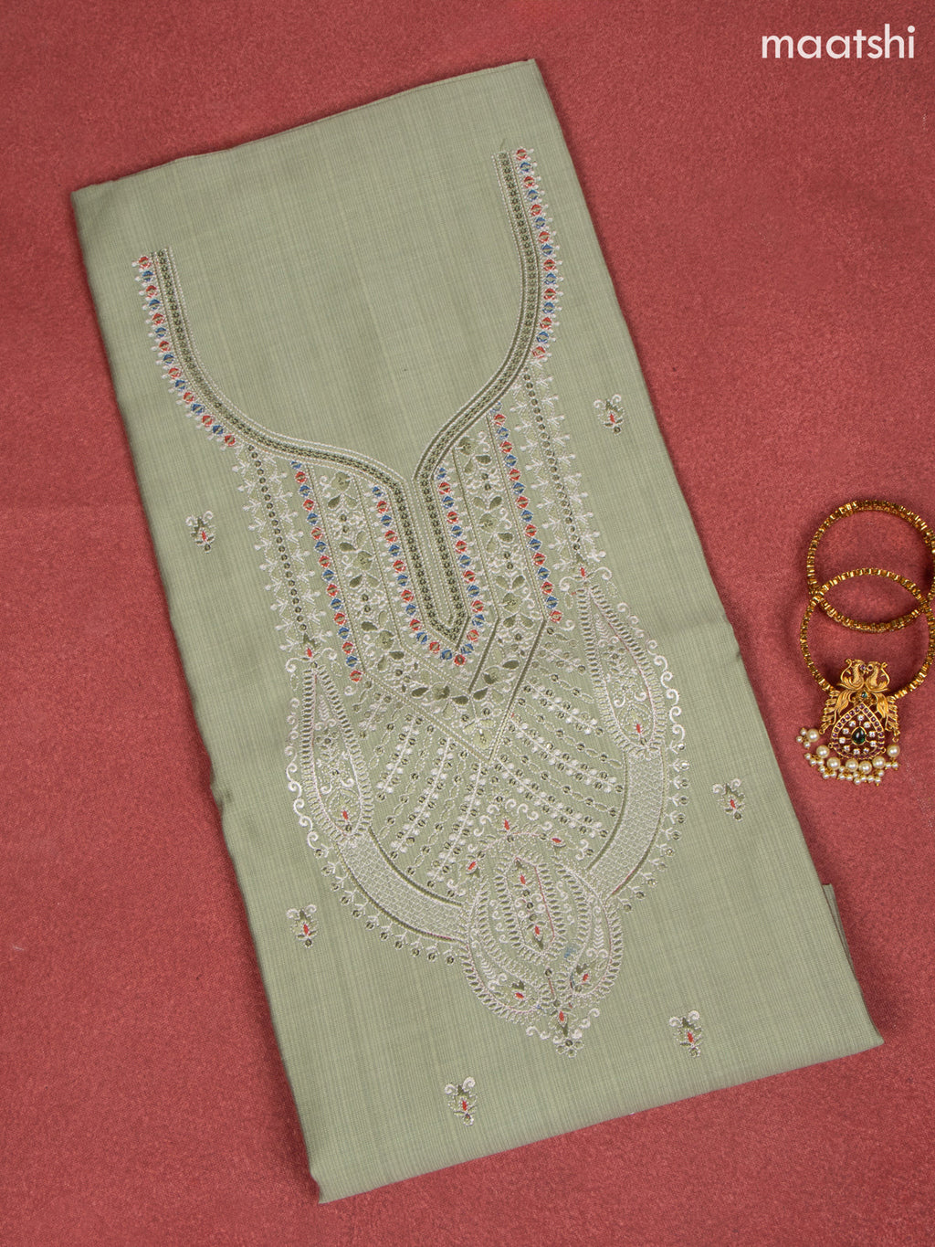 Rayon dress material pista green with allover buttas & embroidery sequin work neck pattern and bottom & dupatta