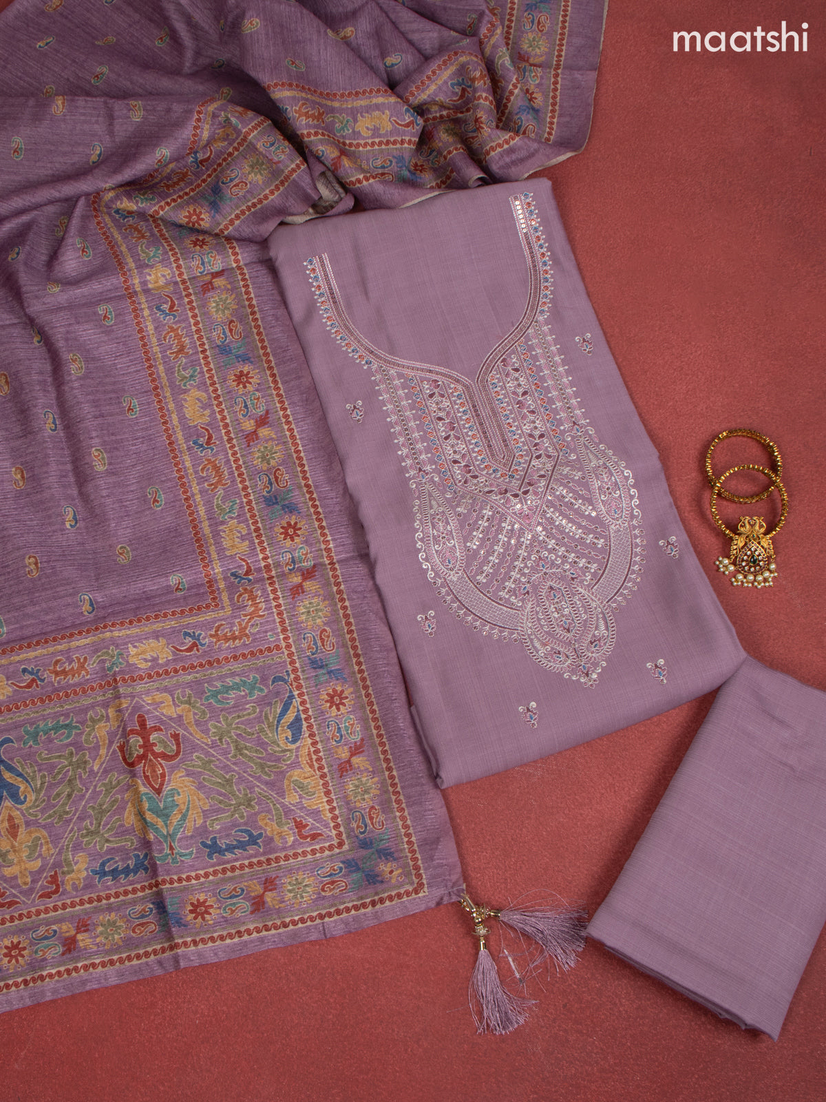 Rayon dress material purple with allover buttas & embroidery sequin work neck pattern and bottom & dupatta