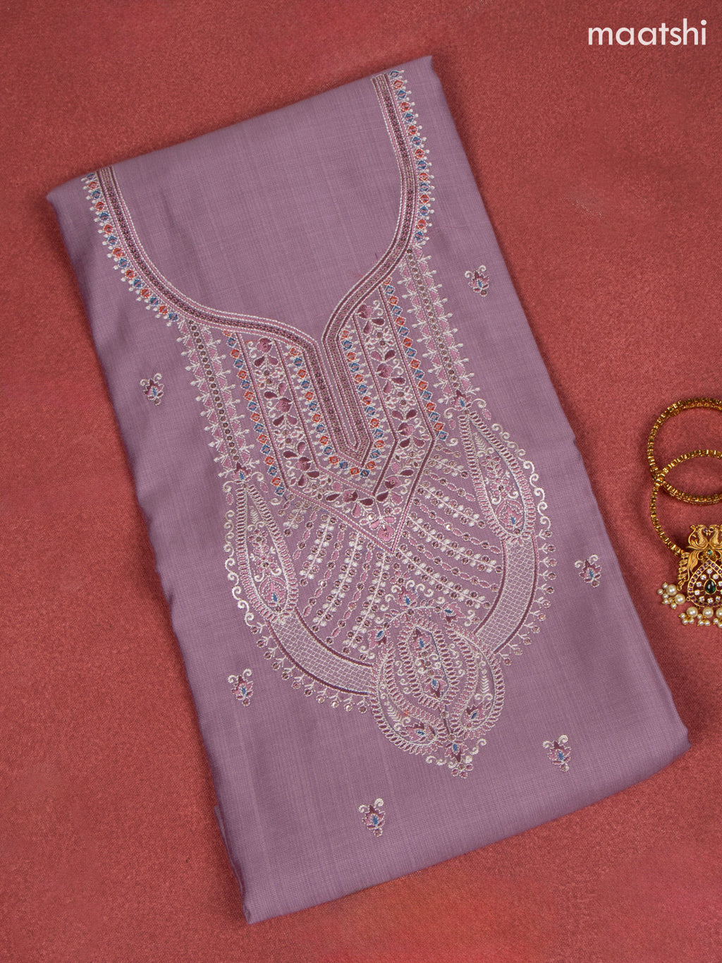 Rayon dress material purple with allover buttas & embroidery sequin work neck pattern and bottom & dupatta