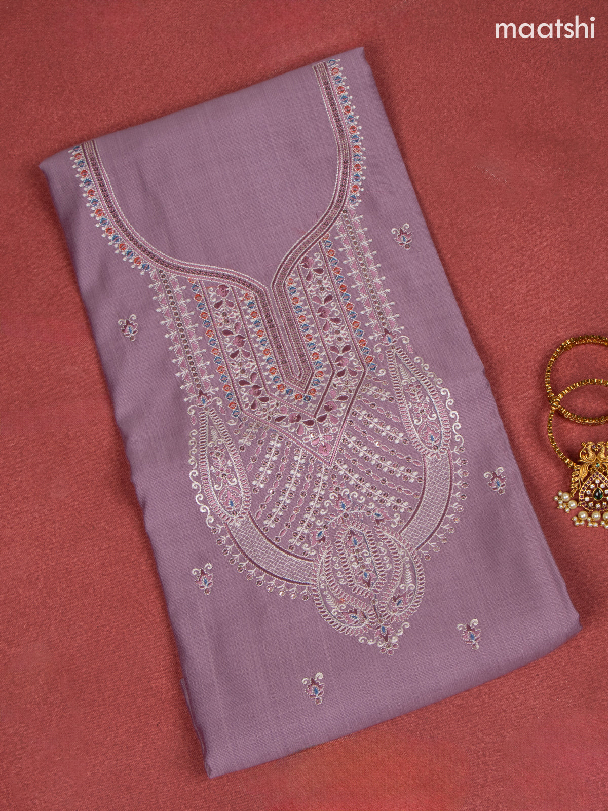 Rayon dress material purple with allover buttas & embroidery sequin work neck pattern and bottom & dupatta