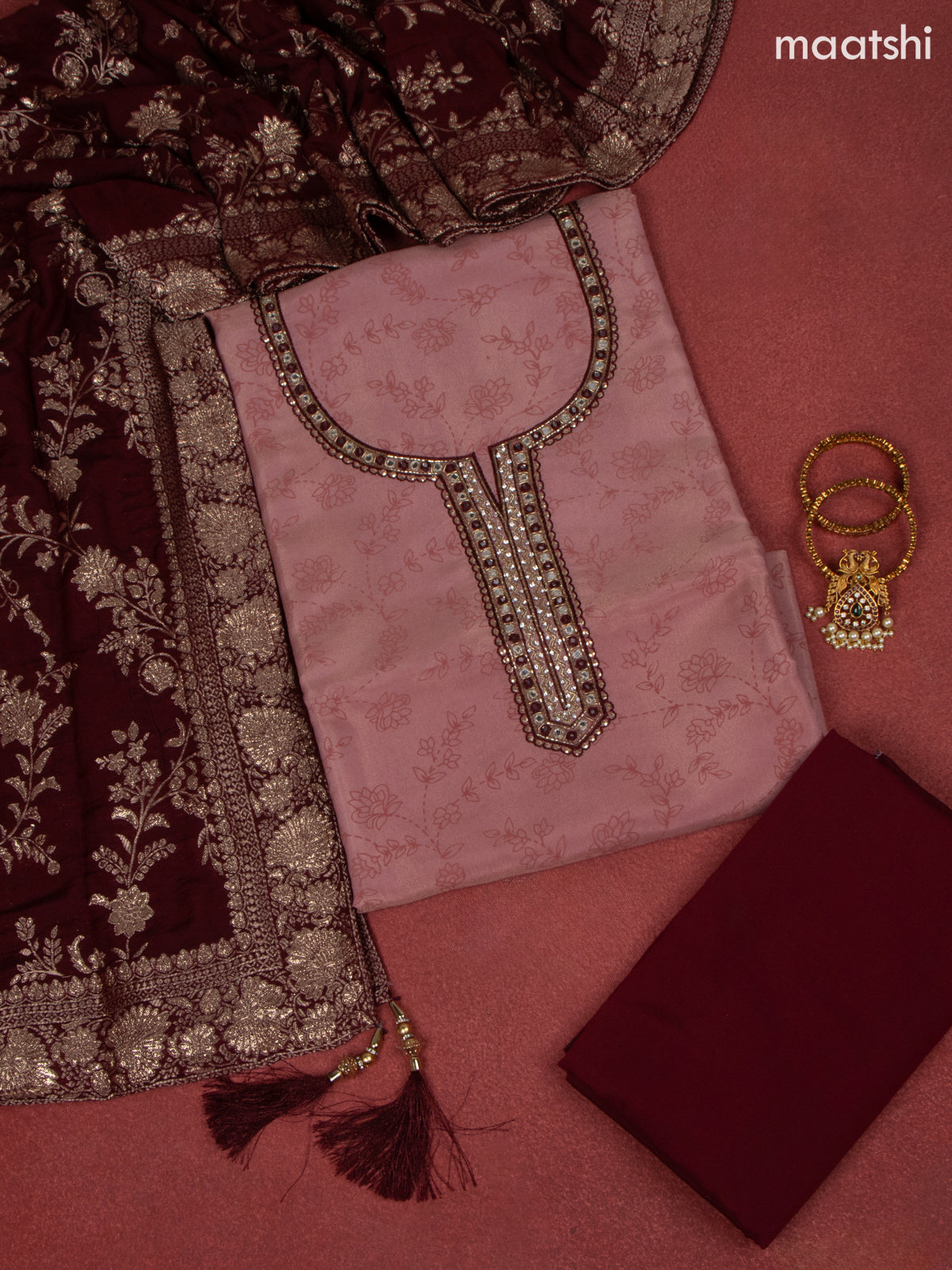 Tissue dress material peach shade and maroon with allover prints & beaded mirror work neck pattern and bottom & banarasi dupatta