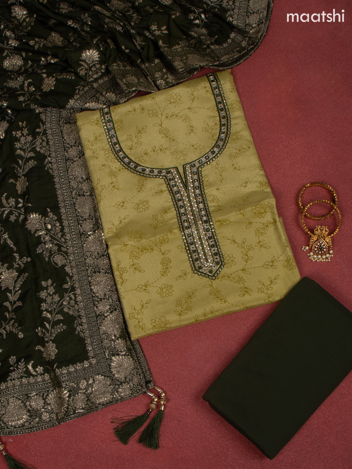 Tissue dress material mehandi green and bottle green with allover prints & beaded mirror work neck pattern and bottom & banarasi dupatta