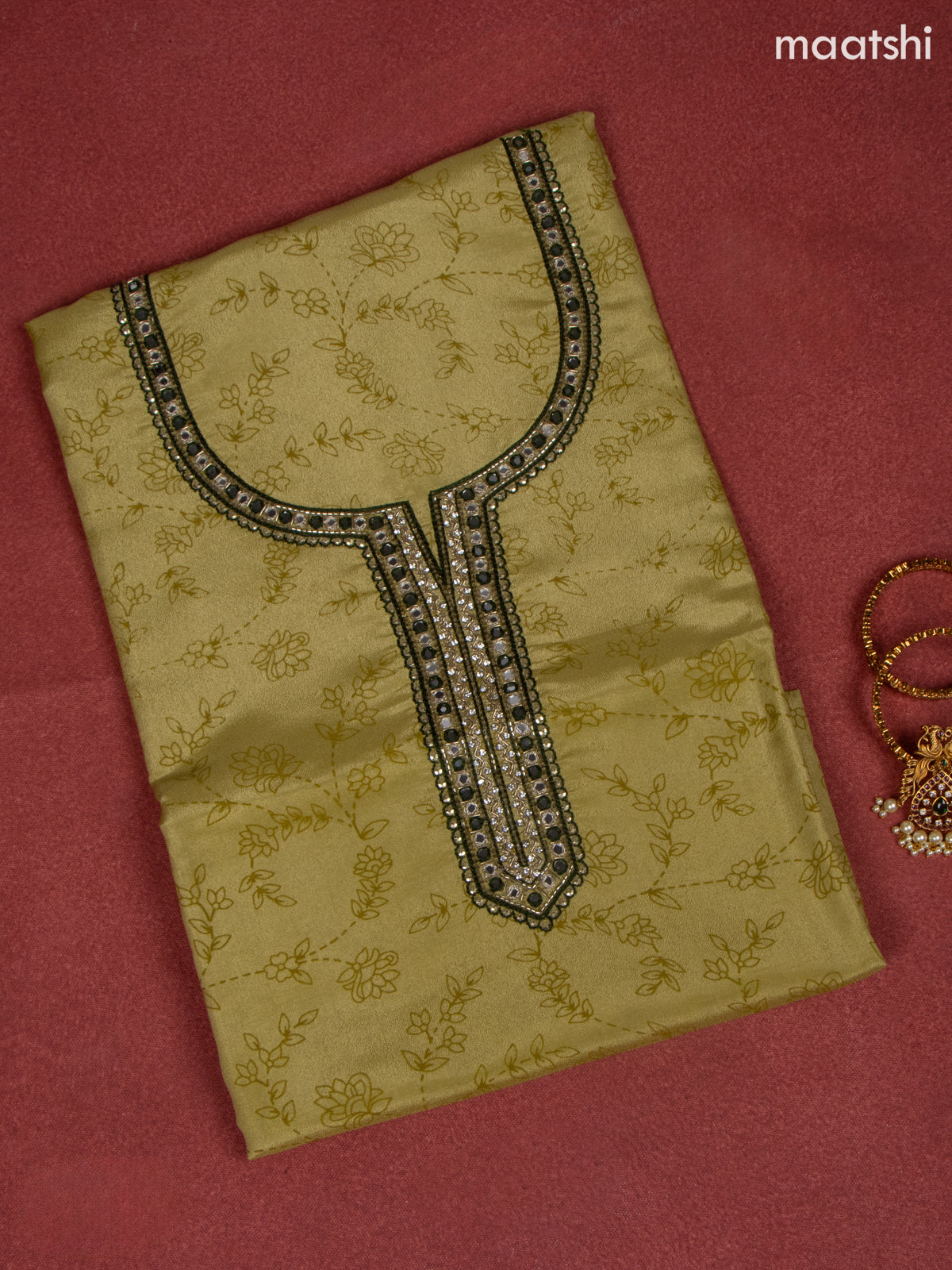 Tissue dress material mehandi green and bottle green with allover prints & beaded mirror work neck pattern and bottom & banarasi dupatta