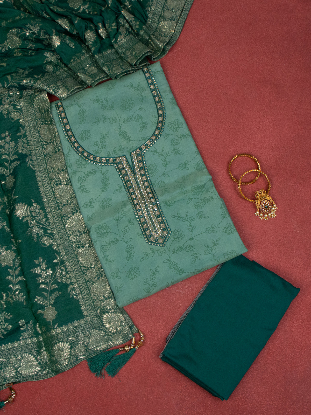 Tissue dress material pastle green with allover prints & beaded mirror work neck pattern and bottom & banarasi dupatta