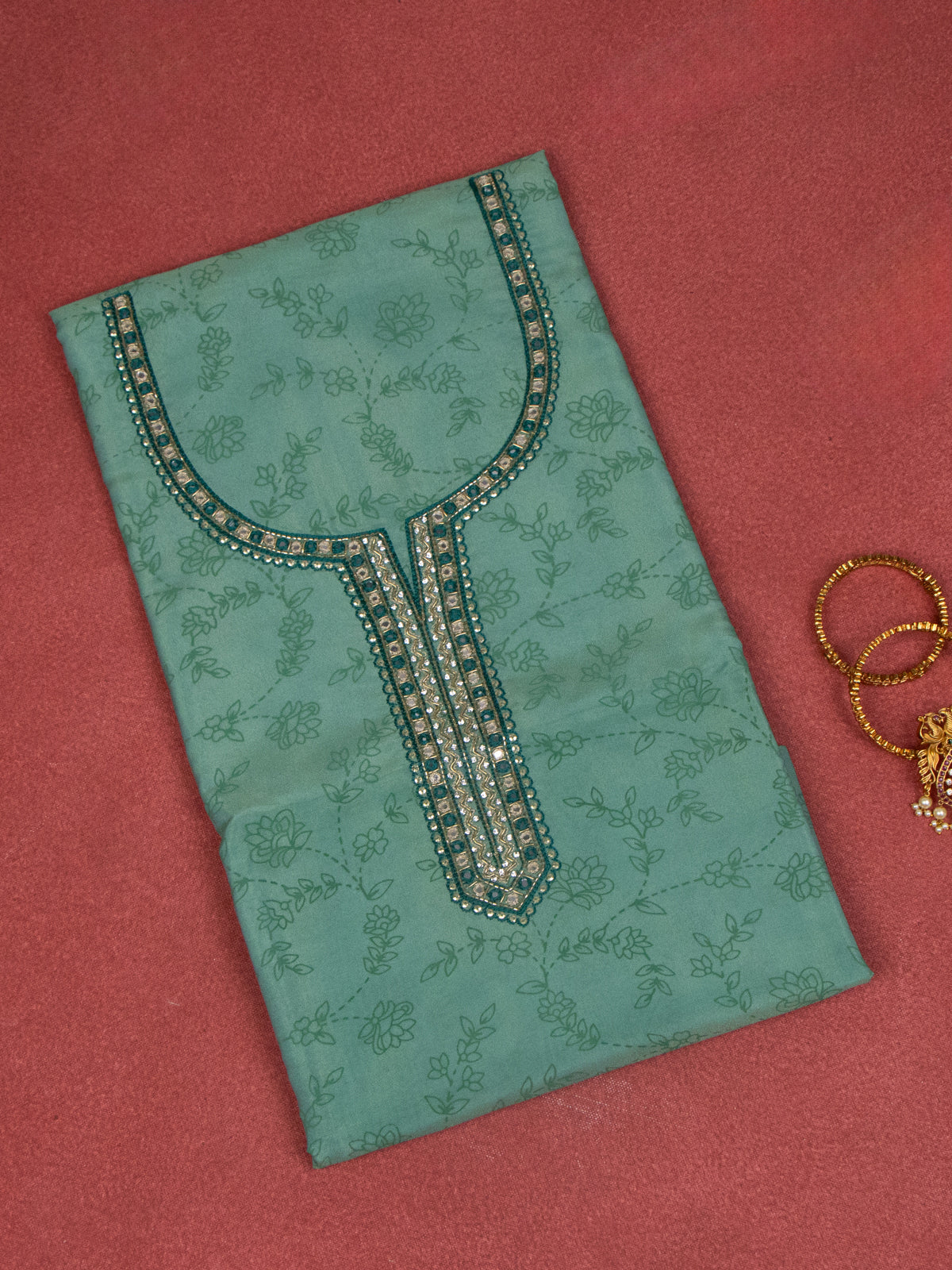 Tissue dress material pastle green with allover prints & beaded mirror work neck pattern and bottom & banarasi dupatta